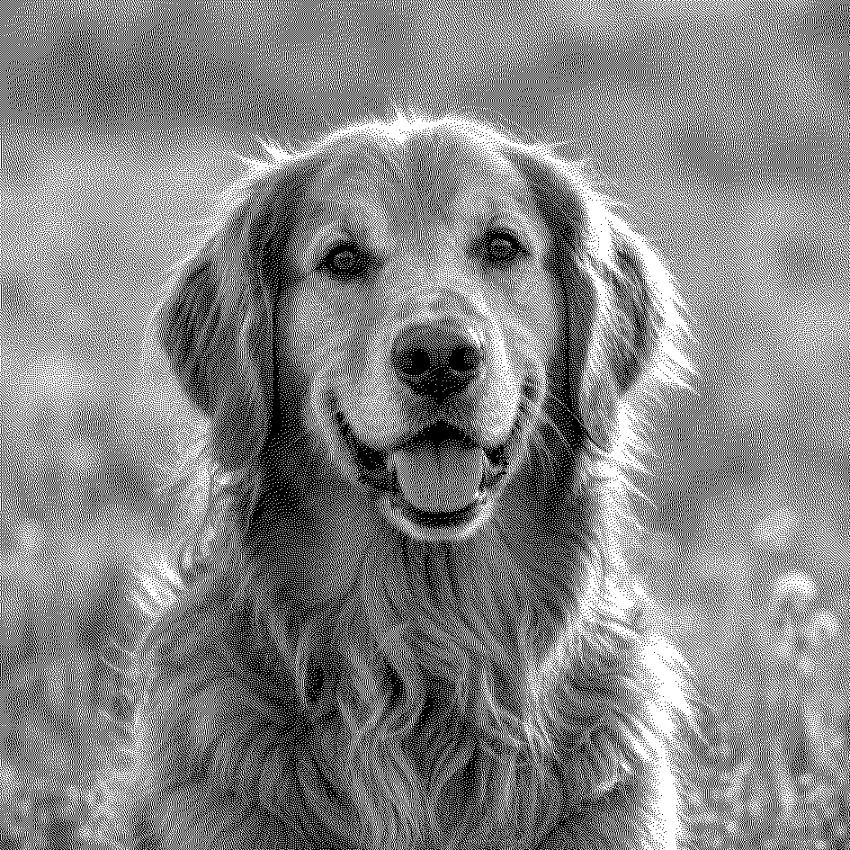Black-and-white dithered dog portrait pixels